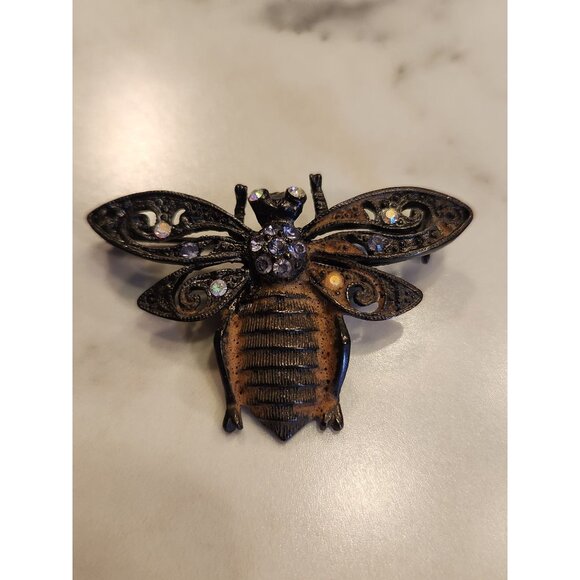 Vintage Rhinestone Bee Brooch Pin Insect Jewelry (Missing Rhinestone) - Picture 1 of 2